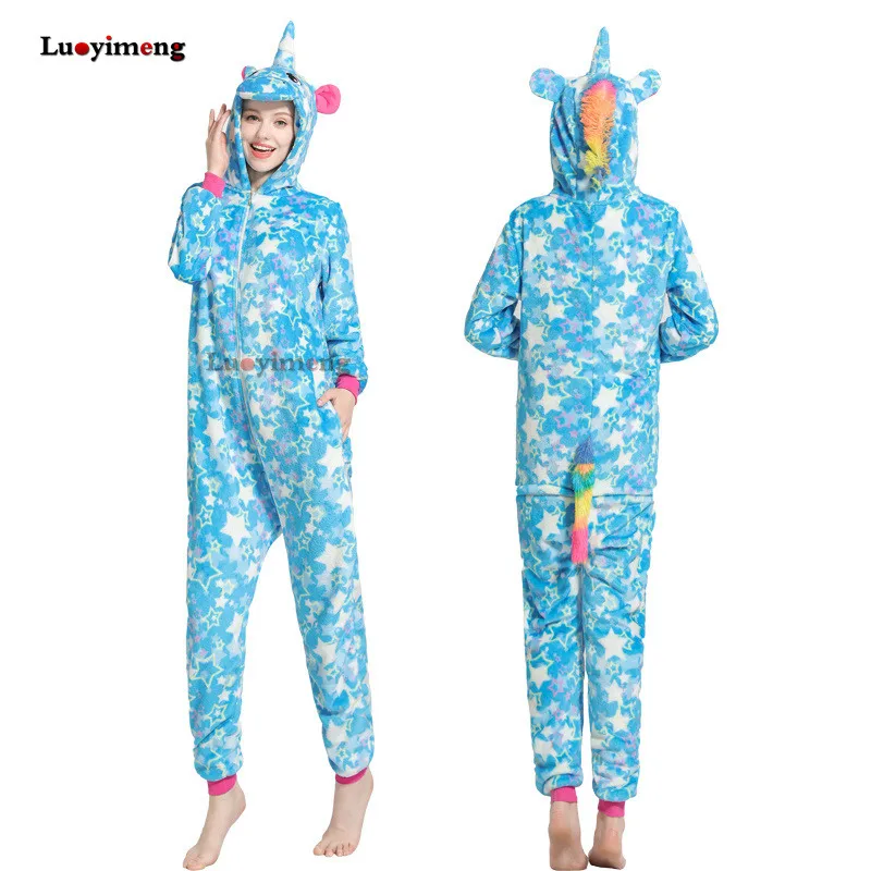 Зимняя флисовая Пижама-комбинезон для женщин, взрослых, Мультяшные животные, единорог, кигуруми, пижама на Хэллоуин, косплей, цельная Пижама, костюм - Цвет: as pic