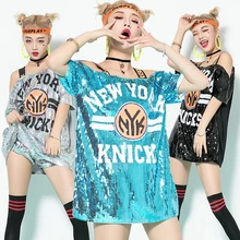 Костюмы для джазовых танцев, свободная футболка большого размера с блестками, штаны, одежда для сцены в стиле хип-хоп для женщин, певцов, диджей, платье, рейв-одежда DN2073