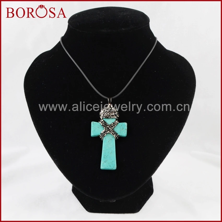 

BOROSA Cross Shape Blue Howlite Blue Stone Pendant With Crystal Rhinestone Paved Zircon Fashion Jewelry JAB318