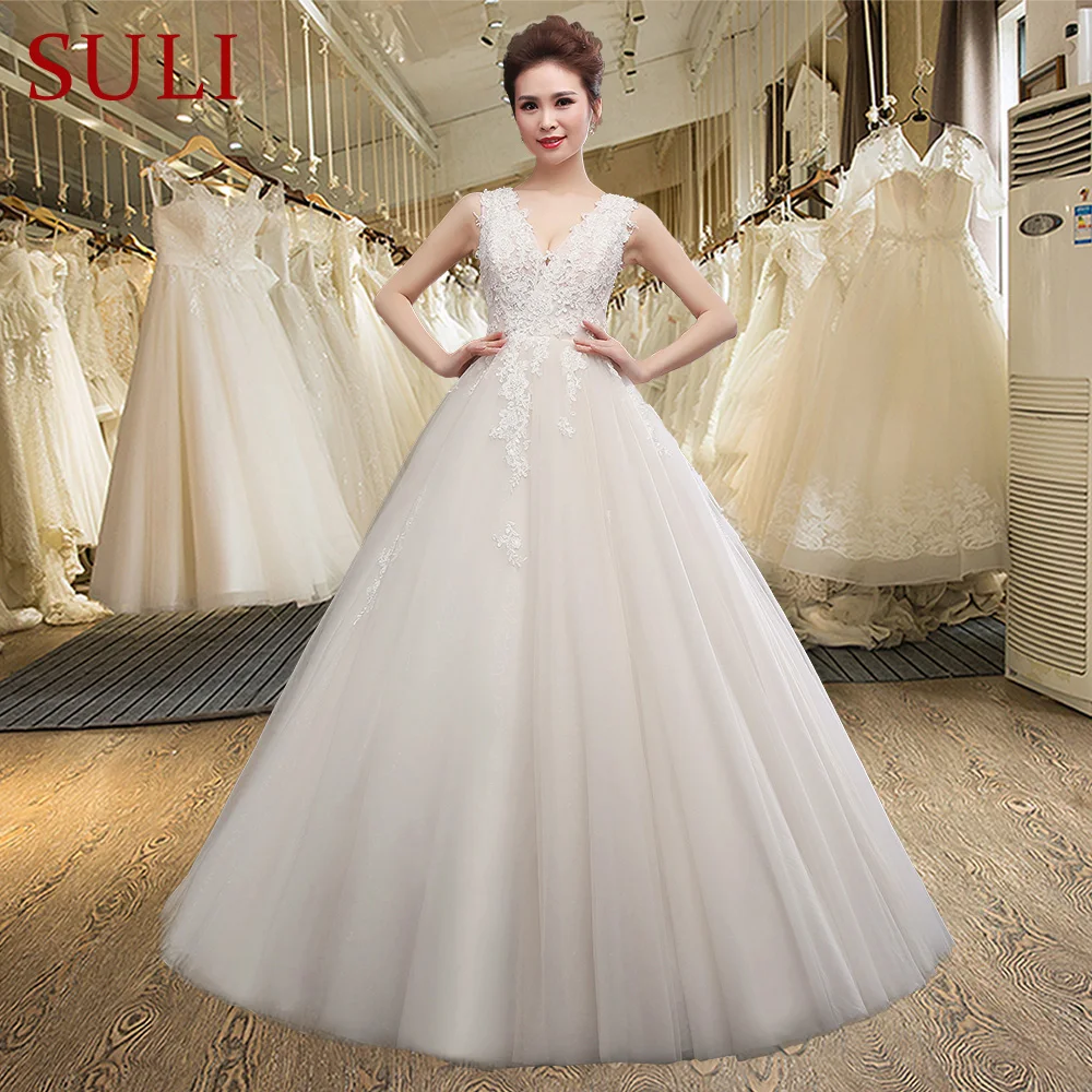 SLD007 Новое свадебное платье трапециевидной формы с v-образным вырезом из тюля с кружевной аппликацией и блестками