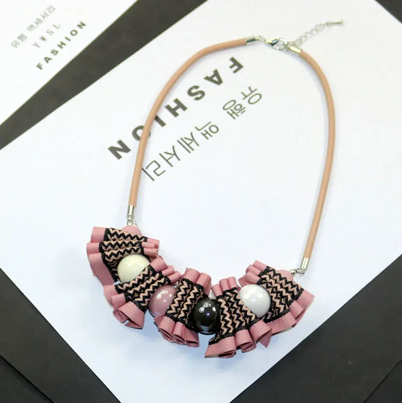 

Sweet New Woman Necklaces Geometric Beads Ribbon Fabric Flower Pendant Short Sweater Rope Chain Necklace Fashion Accessories