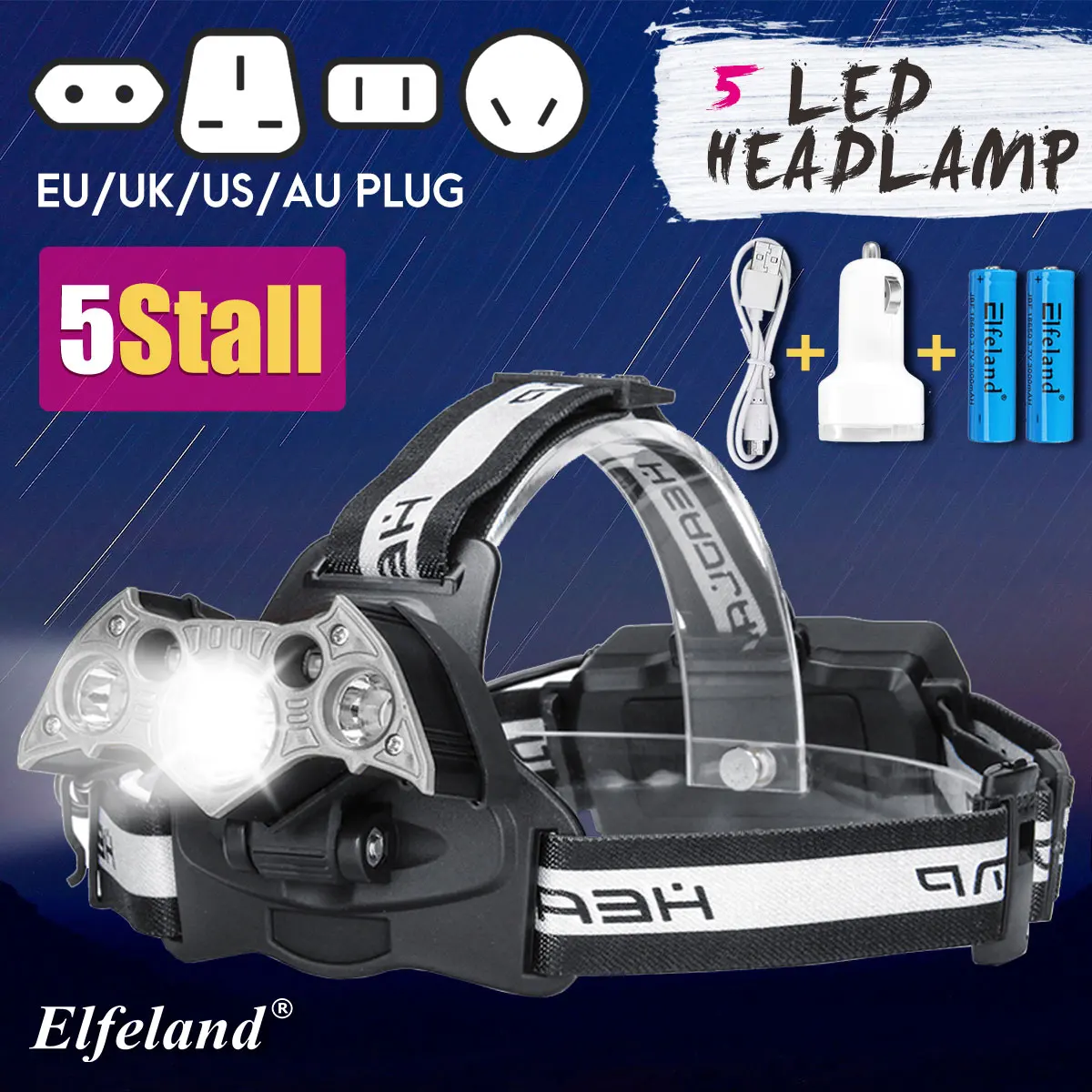 

120000lm LED Smuxi headlamp 5*t6 headlight 4 modes head light waterproof flashlight zoomable use 18650 for hunting cycling