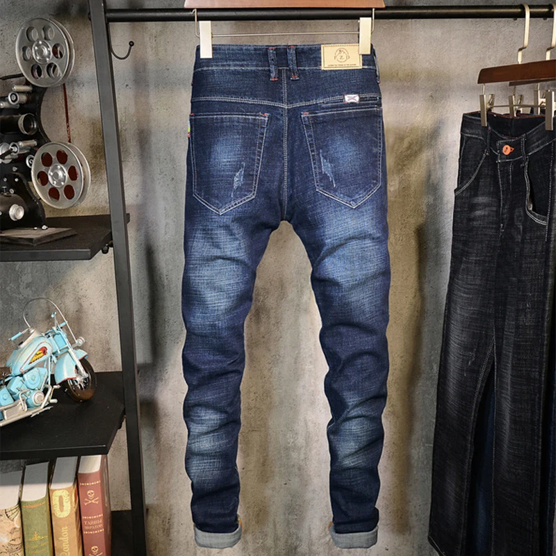 Sale Biker 2018 Elastic Winter New Black Small Straight Tube Youth Casual Full Length Fake Zippers Skinny Solid Light Jeans Men 