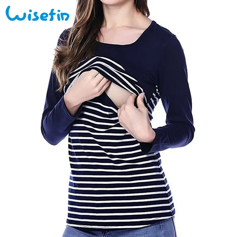 

Wisefin Maternity Clothing For Pregnant Fashion Nursing Tops Breastfeeding Clothes Long Sleeve Shirt Stripe Pregnancy Clothes