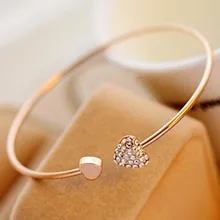 2pcs/lot Opening Bracelet Women Girl Crystal Double Heart Style Gold Tone Rhinestone Love Heart Bangle Cuff Bracelet Jewelry New