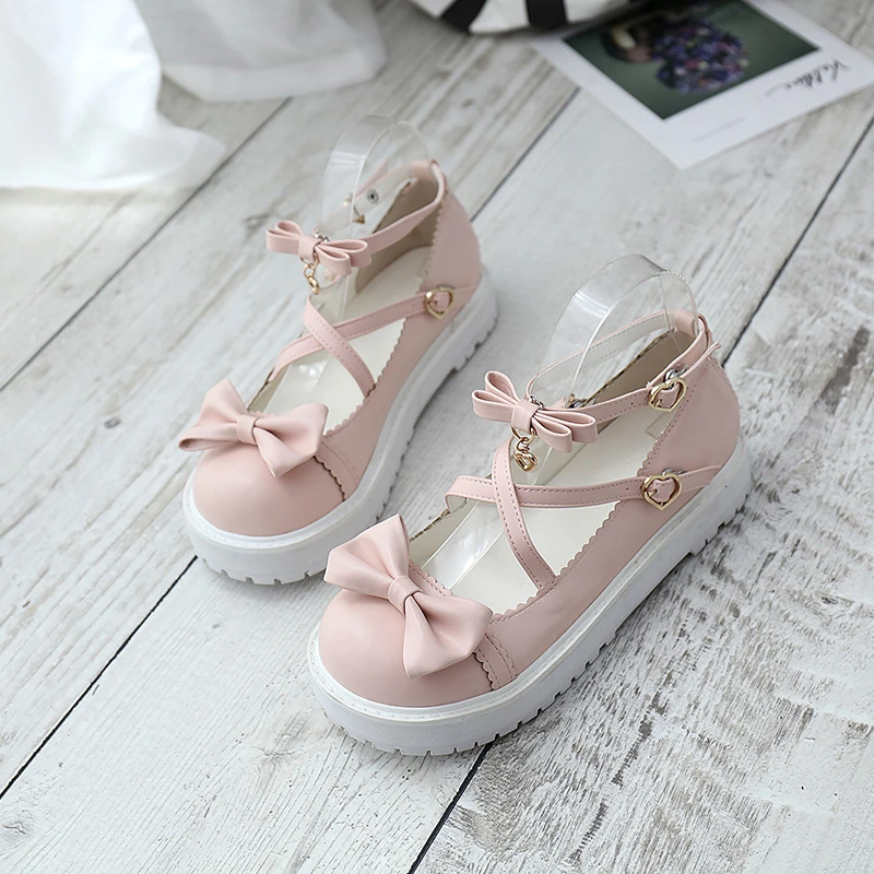 Японские милые туфли принцессы Лолиты с милым бантом на низком каблуке с круглым носком, черные/розовые/белые/синие/коричневые туфли на плоской платформе