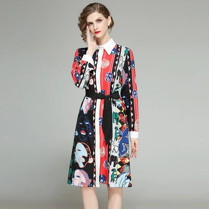 

2019 Autumn Runway Dresses Women Long Sleeve Single-Breasted Fashion Abstract Face Vintage Print Dress Loose Vestidos With Belt