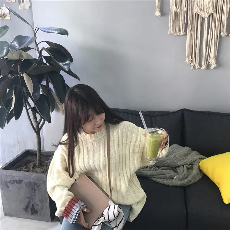 Autumn/Winter New O-neck Women Sweater with Colorful Cuff 2018 Loose Large Size Contrast Color Thick Knitting Female Pullover Autumn/Winter New O-neck Women Sweater with Colorful Cuff 2018 Loose Large Size Contrast Color Thick Knitting Female Pullover
