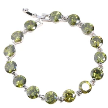 Популярный круглый зеленый оливковый перидот 925 пробы Серебряный для женщин Звено Цепи Браслет 6,5-7,5 дюймов L20006