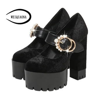 

WEIQIAONA 2019 New Spring Women Shoes Classics High Heels Flock Shallow Commuter Working Shoes Thin Heel Pointed Toe Pumps