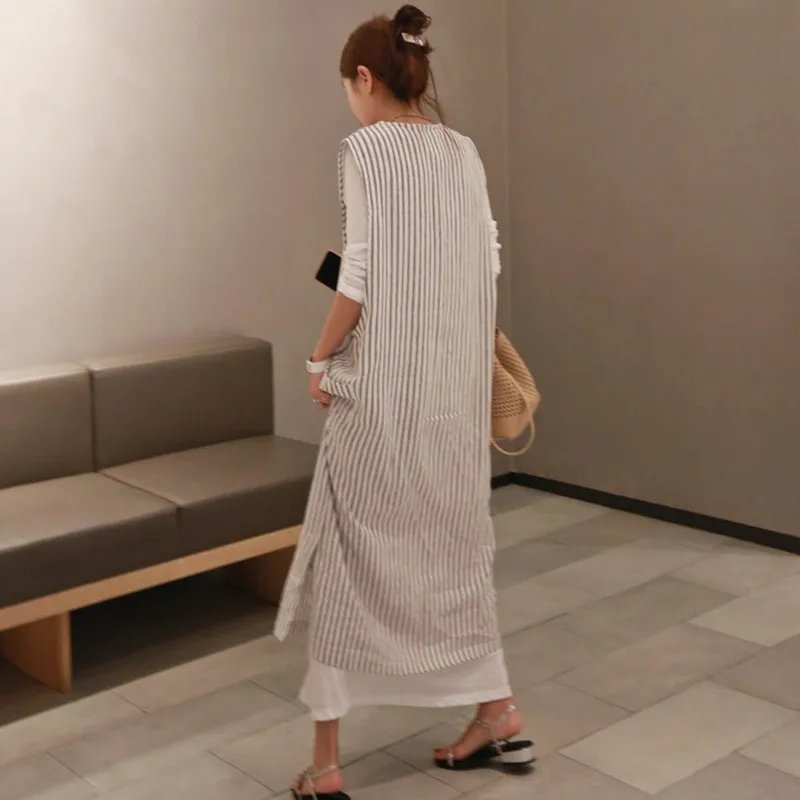 SuperAen Мода корейский стиль женские наборы Лето Новинка длинный рукав футболка полосатый v-образный вырез платье из двух частей женский