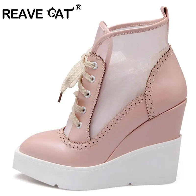 REAVE CAT/женские босоножки на высокой танкетке; босоножки на шнуровке в винтажном стиле; Босоножки на платформе из сетчатого материала с вырезами; элегантная обувь с острым носком на толстой подошве; сезон осень