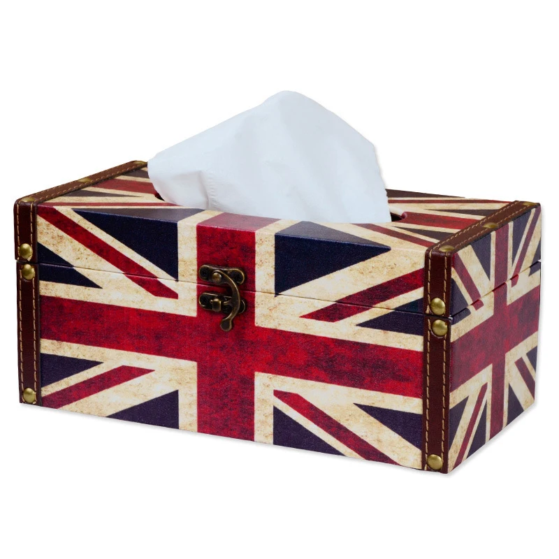 

European style Tissue Box Elegant Royal Durable Wooden American/British flag Household Tissue Box Holder for Home Office and Car