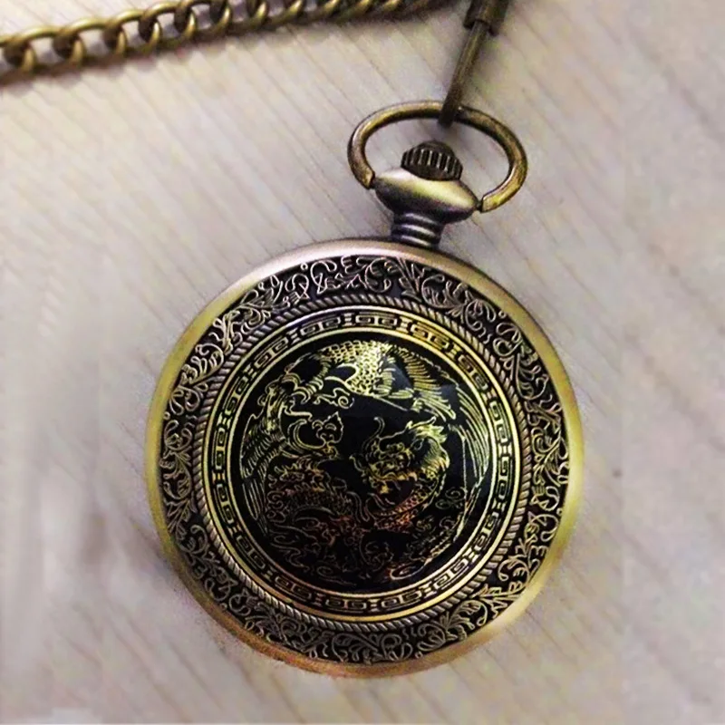 

Large bronze table cover engraved Chinese style nostalgic retro big dragon pattern pocket watch with necklace