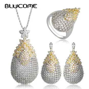 

Blucome New Arrival Wedding Jewelry Sets Cubic Zircon Full Rhinestones Copper Pendant Necklace Earrings Ring Set For Women Girls