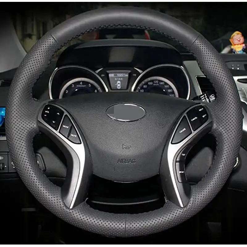 Black Leather Hand Stitched Car Steering Wheel Cover For