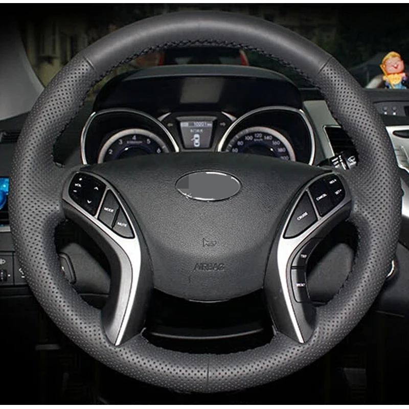 Black Leather Hand Stitched Car Steering Wheel Cover For Hyundai