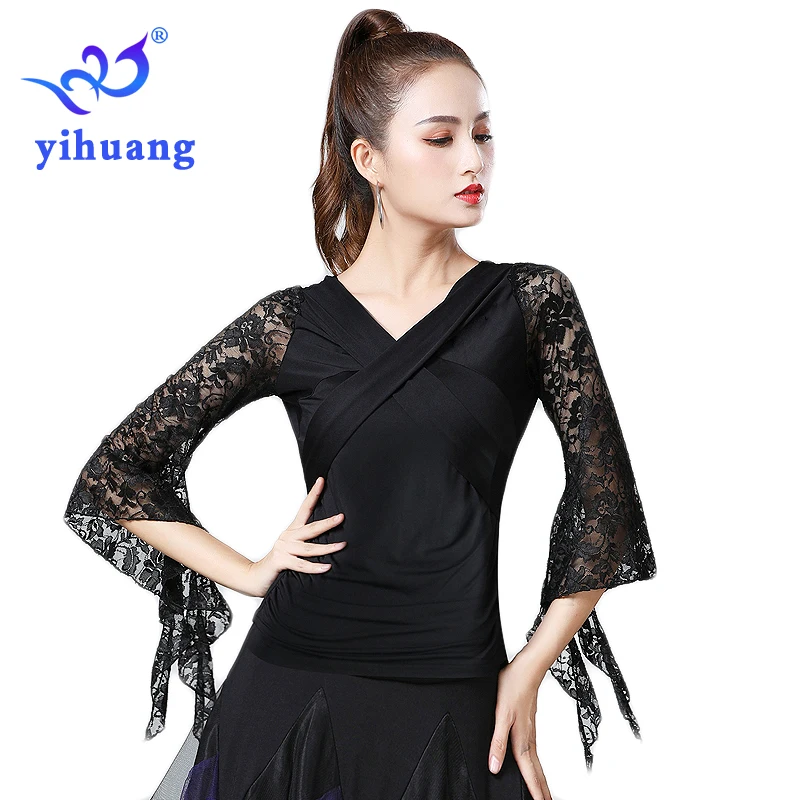 Summer New Women Waltz Ballroom Dance Tops Modern Standard Tango Latin Dancewear Party Performance Blouses Lace Bell Sleeve