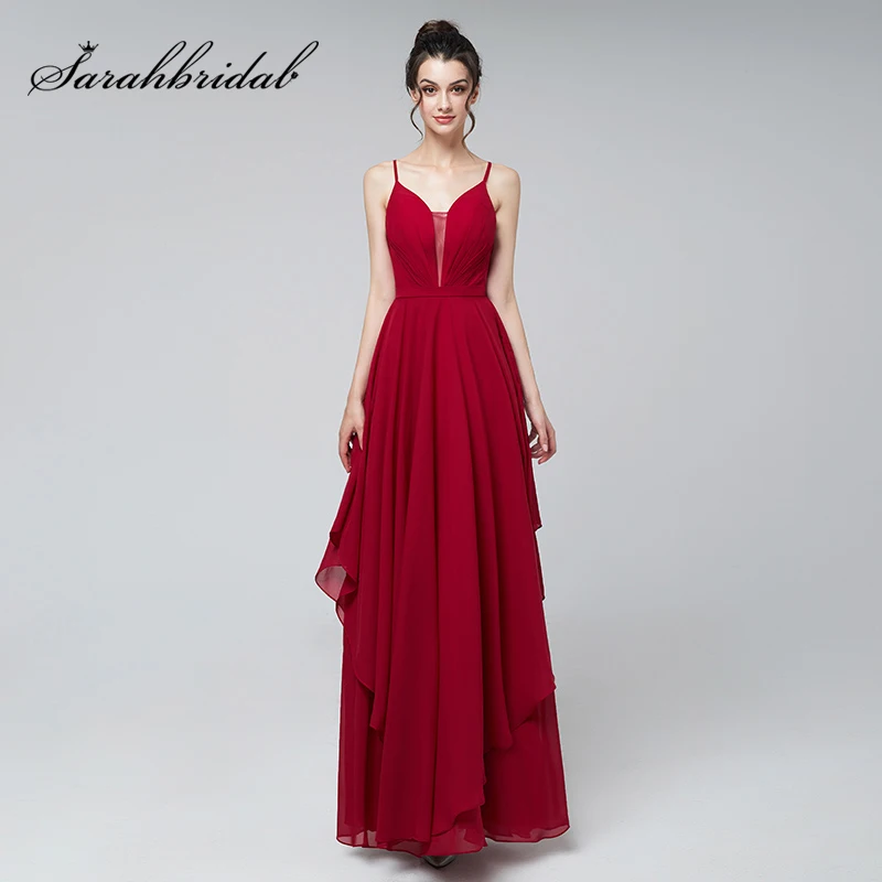 

Simple A-Line Prom Dresses Burgundy Chiffon V-Neck Pleat Evening Party Gowns Cheap Backless Long Custom Dress L3170