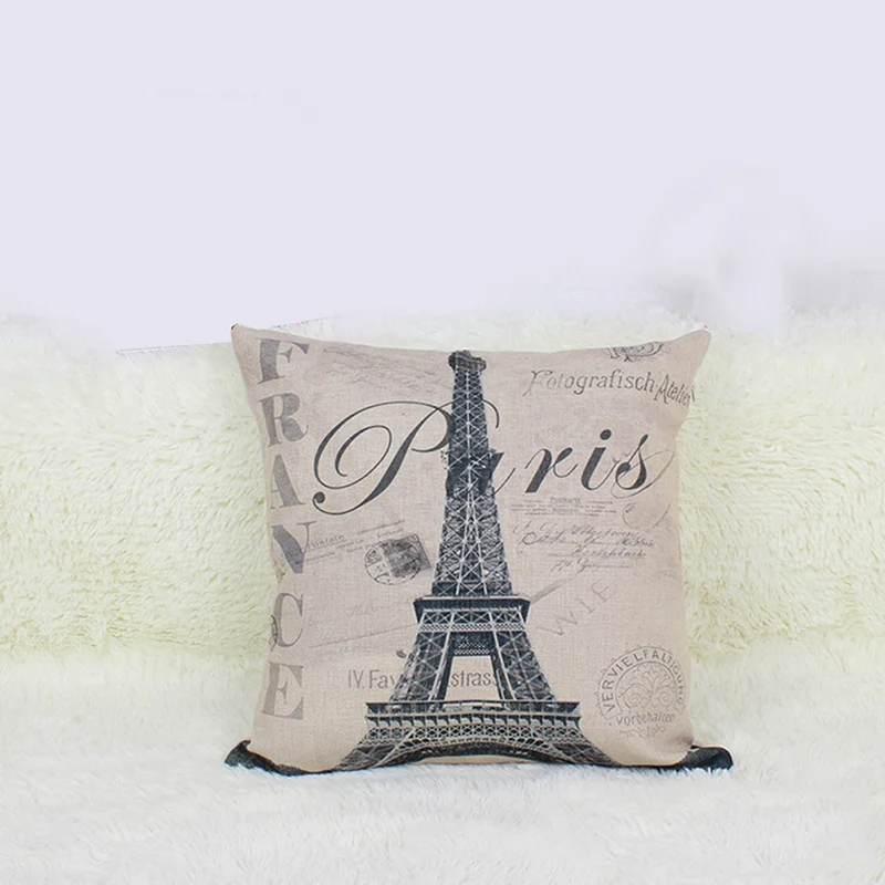

Fashion Paris Eiffel Tower Print Linen Square Vintage Throw PillowCase Cotton Shell Cover