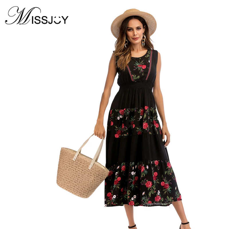 MISSJOY Mid Calf dresses rose print Dress Black fashion dress Women