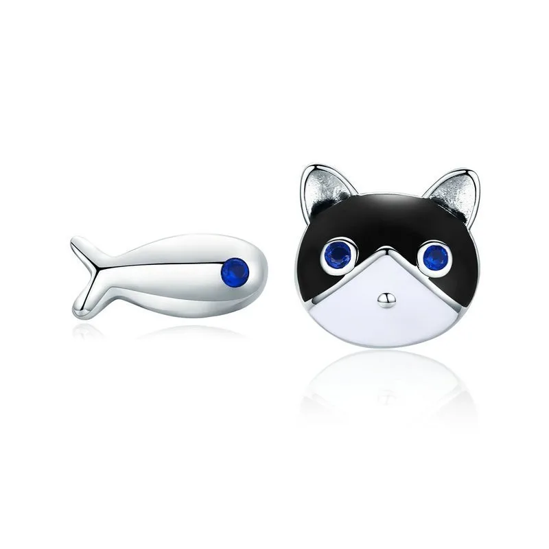

Cat and Fish Stud Earrings for Girls Solid Sterling Silver Enamel Kitty Animal Ear Studs Jewelry Gifts for Kids SCE623