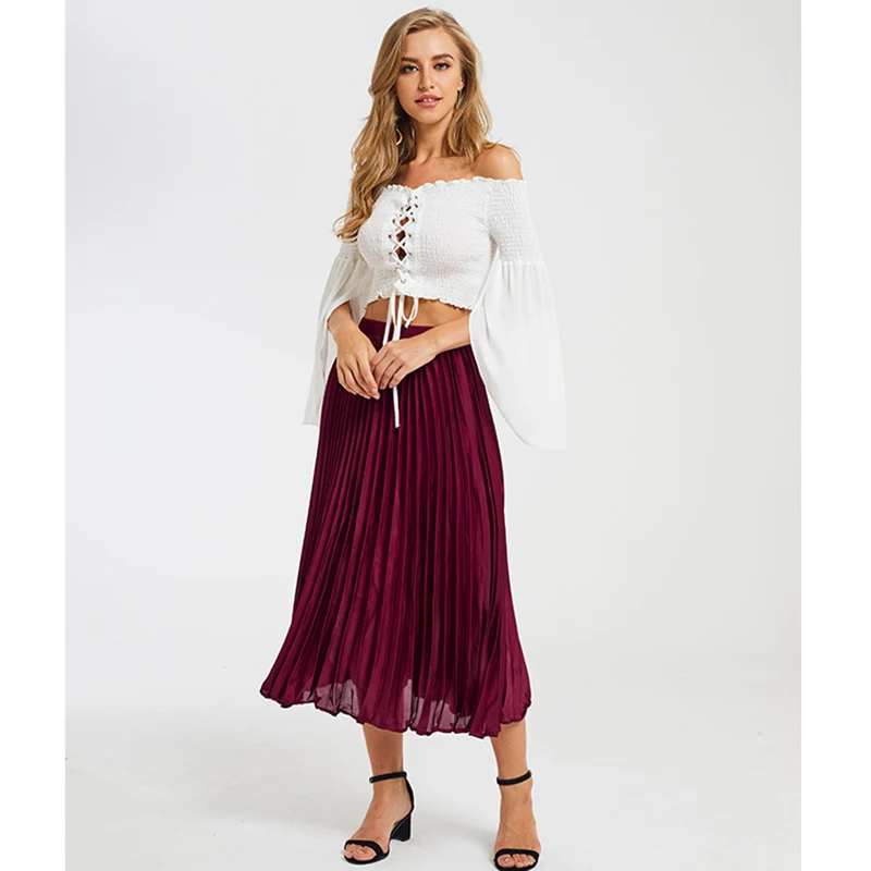 Весенне-летняя однотонная плиссированная юбка до середины икры, элегантная женская юбка винно-красного цвета