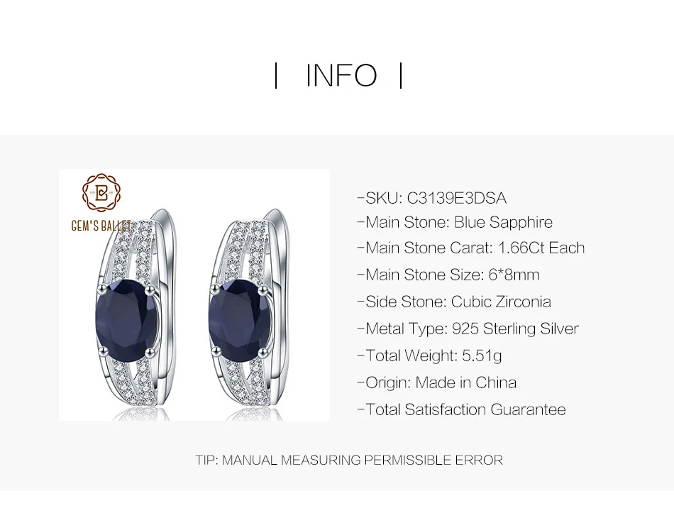 GEM'S BALLET 3.32Ct натуральные синие серьги из сапфирового драгоценного камня 925 пробы серебряные Винтажные серьги-гвоздики для женщин хорошее ювелирное изделие