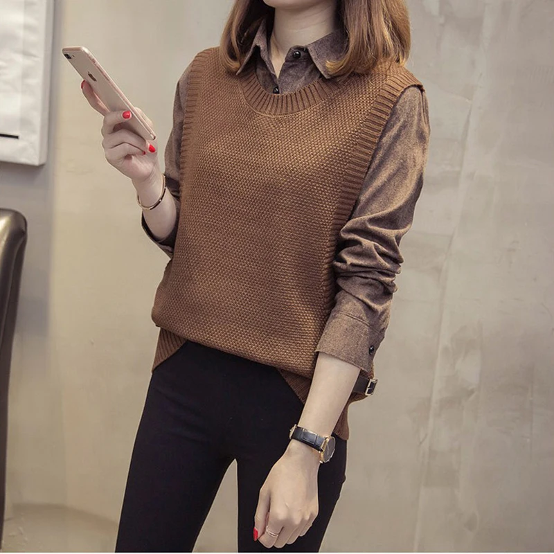 

Autumn Women Faux Two Pieces Sweaters Fashion Loose Long Sleeve Knitted Jumper Winter Female Pullovers Sweaters FP1333