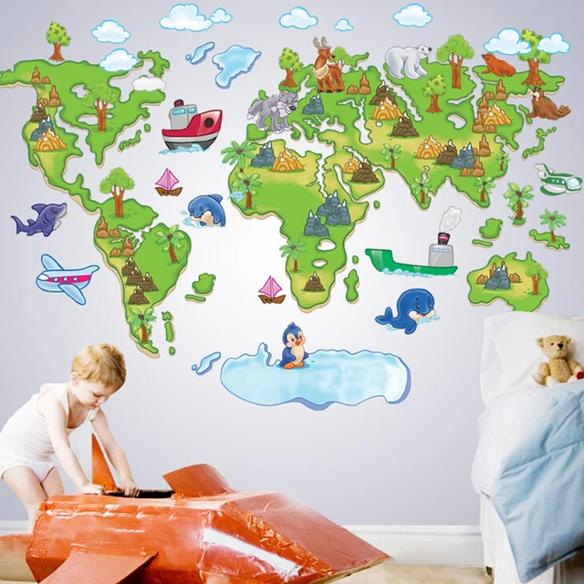 kids room world map wall sticker removable cute school wall stiker