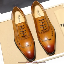 Classic Genuine Leather Shoes Men Brogue Wingtip Pointed Toe Oxford Shoe Brown Khaki Dress Shoes Wedding Party Formal Shoes Men