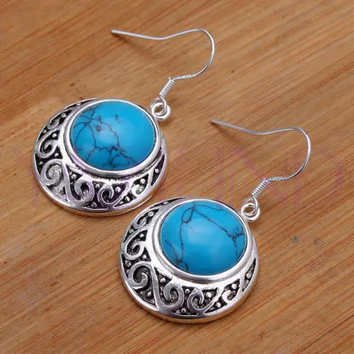 

Fine turquoise round bead silver hook earrings Vintage style 5.29