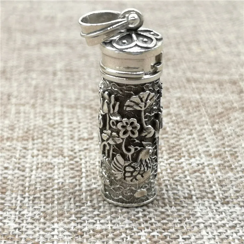 

925 Sterling Silver Engraved Lotus and Duck Locket Pendant Prayer Wish Memory Box for Necklace