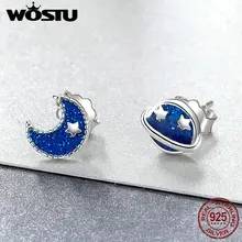 Женские вечерние серебряные серьги-гвоздики WOSTU из натуральной 925 пробы с изображением Луны и планеты галактики FME151