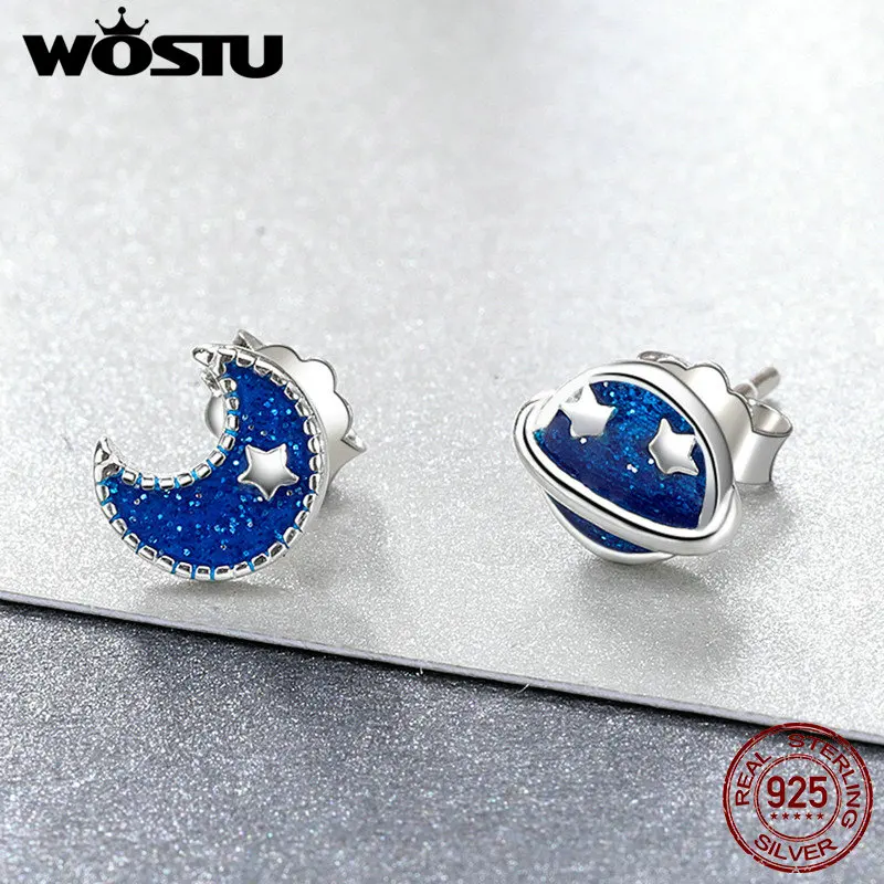 Женские сережки гвоздики WOSTU из настоящего серебра 925 пробы с блестящей Луной и