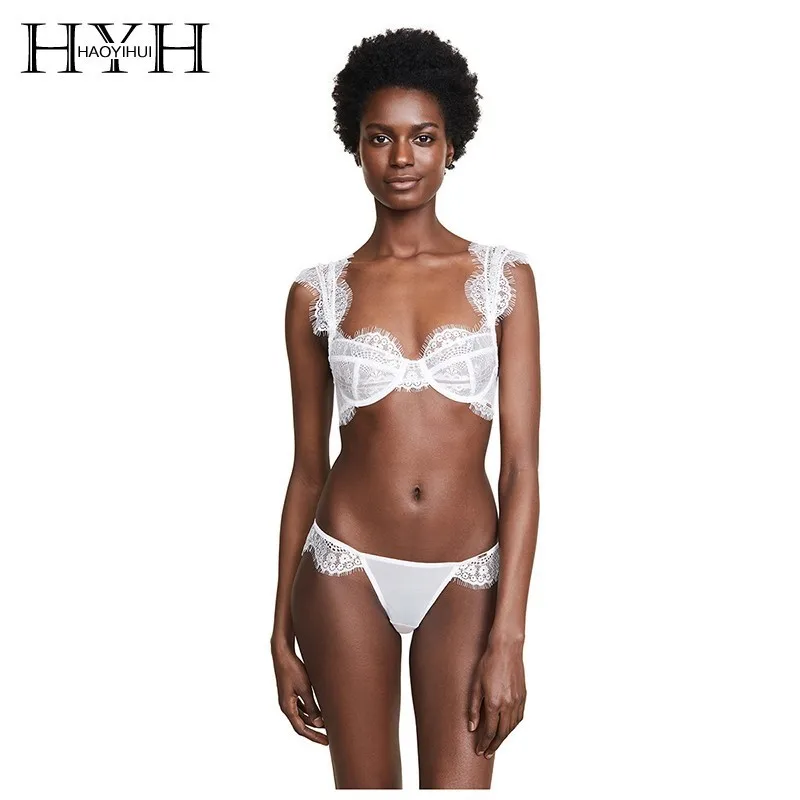 

HYH Haoyihui Western Style Lace Sexy Perspective Steel Ring Chest Pad Underwear Low Waist Comfortable Triangle Panties Bra Set
