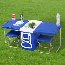 Modern Multi Functional Rolling Picnic Cooler W/ Table & 2 Chairs Outdoor Foldable Table Folding Patio Furniture Set