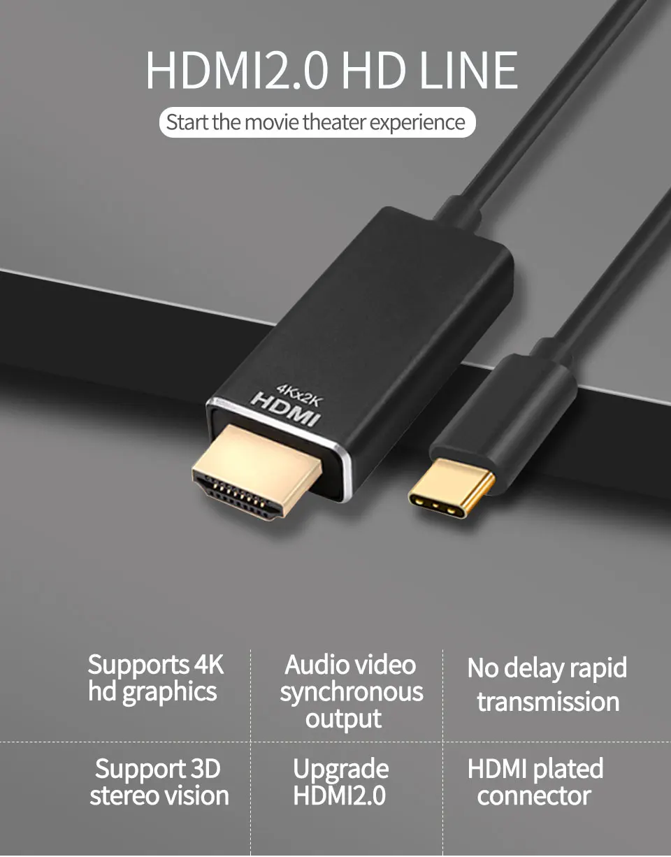 Type-C to HDMI Cable Type C HDMI 4K 60HZ 1.8M 6Ft HDTV Adapter  For Macbook Samsung Galaxy S9 S8 Huawei Mate 10 HDMI to Type-C Cable (1)