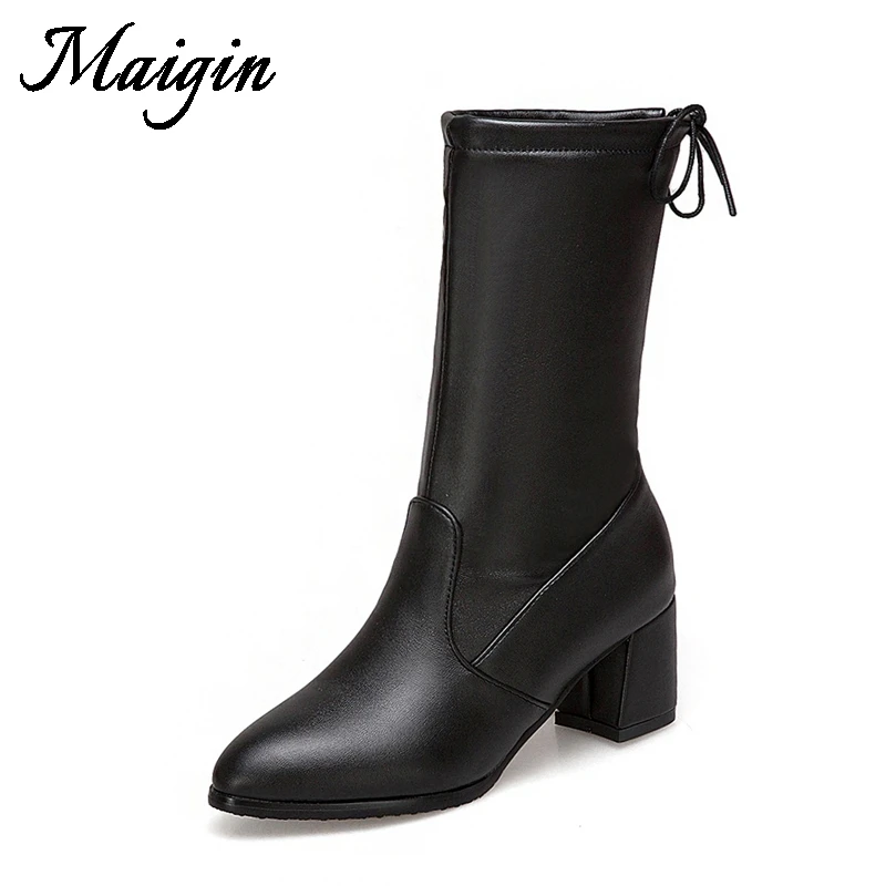 Maigin 2018 Women Boots High Chunky Heels Mid-calf Booties Pointed Toe Lace-up Footwar Plus Size 34-43 High Quality Ladies Shoes