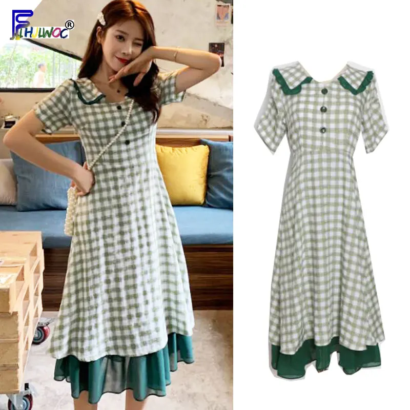 

Cute Dresses Long Women Korean Summer Peter Pan Collar Japan Style Clothes Design lattice Button Ruffled Shirt Dress Plaid 6129