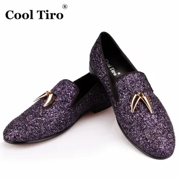 

COOL TIRO Purple Glitter Loafers Men Shark teeth Smoking Slippers Men's Moccasins Prom Party Wedding Dress Shoes Casual Flats