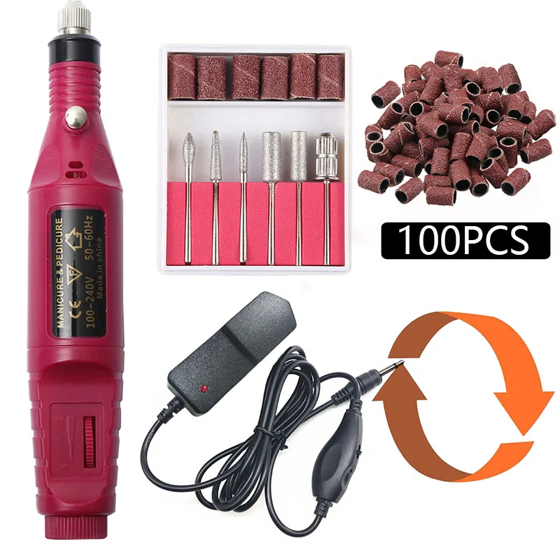 1 Set 2 Way Rotate Electric Nail Drill Machine for Manicure Pedicure 100PCS Sanding Bands Tips Gel Polish Cuticle Remove File | Красота и