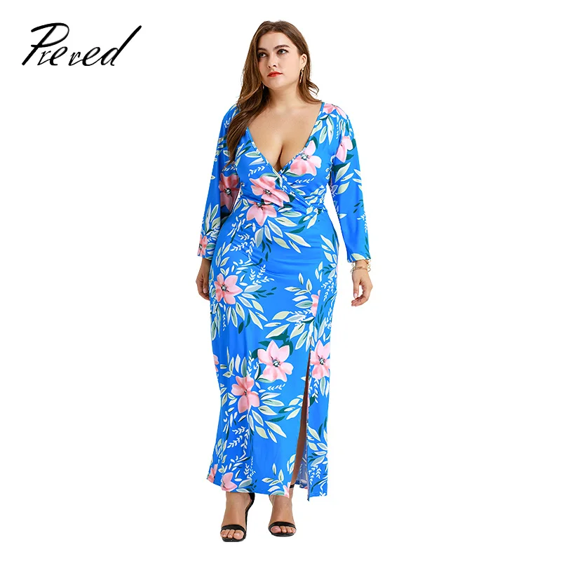 

Prered 2019 Long sleeve V-neck Chiffon Bandage Dress summer women's Plus Size Print Floral Women Slim female body Dresses
