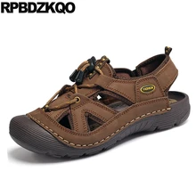 На открытом воздухе Известный бренд кожа воздухопроницаемый Мужчины гладиаторские сандалии лето обувь дизайнер коричневый кроссовки Римский спорт родной закрытый носок