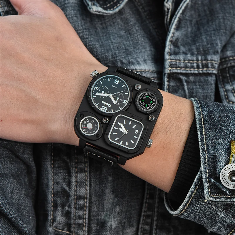  Oulm New Fashion Men's Military Watches Decorative Compass and Thermometer Quartz Watch Two Time Zo