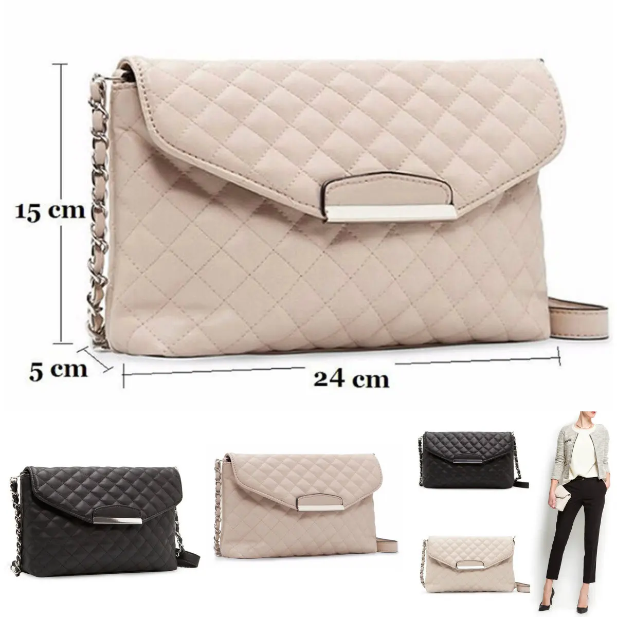 

1Pc White Black Small Boho Handbags Women Girls Faux PU Leather Chain Plaid Clutch Handbag Purse Single Crossbody Messenger Bag