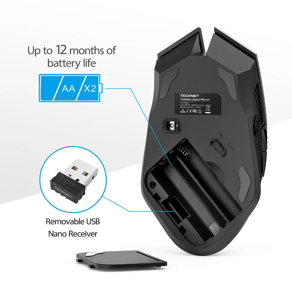 TeckNet Ergonomic Mice Professional Optical Computer 2.4GHz Wireless Gaming Mouse with Nano Receiver 8 Buttons 4000DPI Advanced