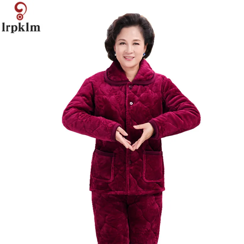 Middle Aged Women's Pajama Padded Thick Warm Pajamas Suits Night