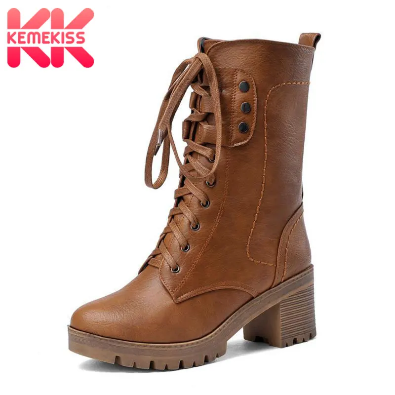 

KemeKiss 4 Colors Size 34-43 Women Half Short Boots High Heel Boots Cross Strap Warm Shoes Motorcycle Botas For Women Footwear