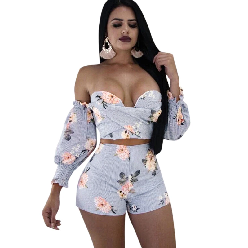 

Women Long Sleeve Two Piece Set Floral Print Off Shoulder Crop Top Shorts Autumn Outfits Ruching High Waist Sexy Suits Clubwear